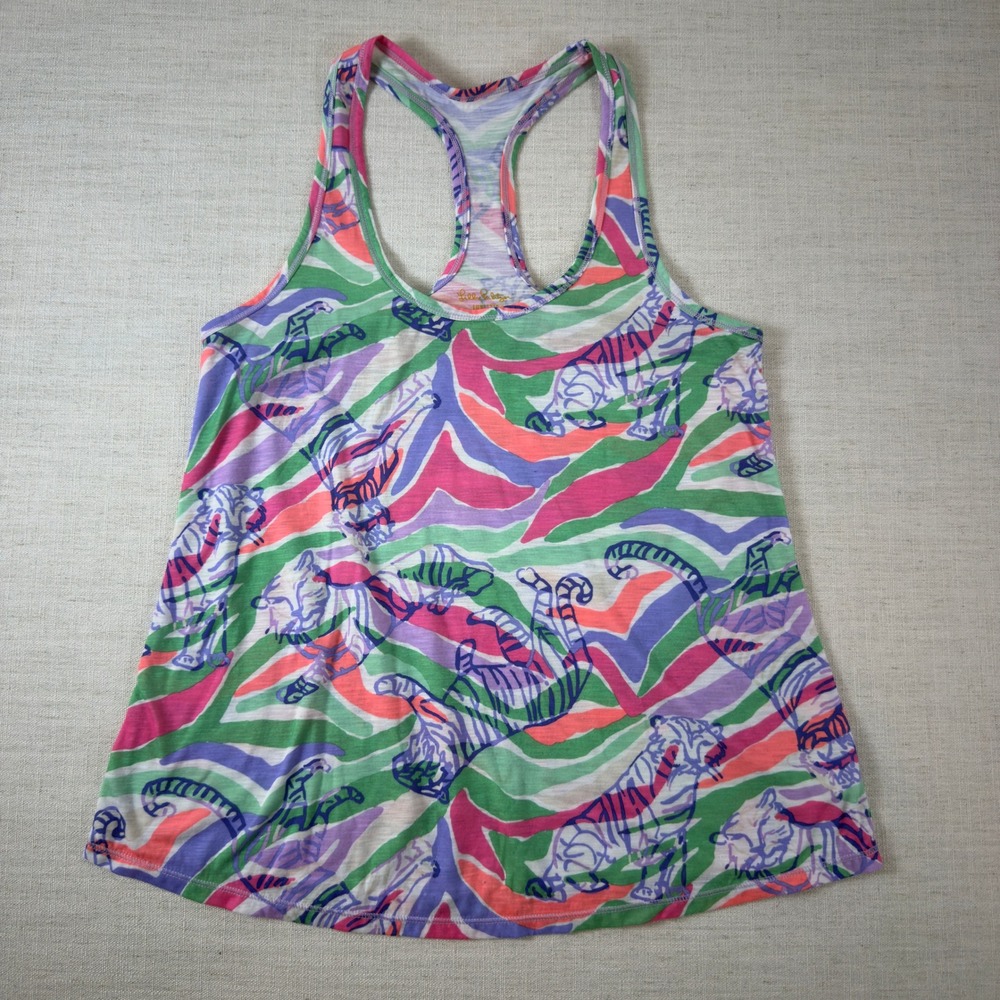 Lilly Pulitzer Luxletic Tank Top XS Pink Green Tiger Zebra Stripe Racerback